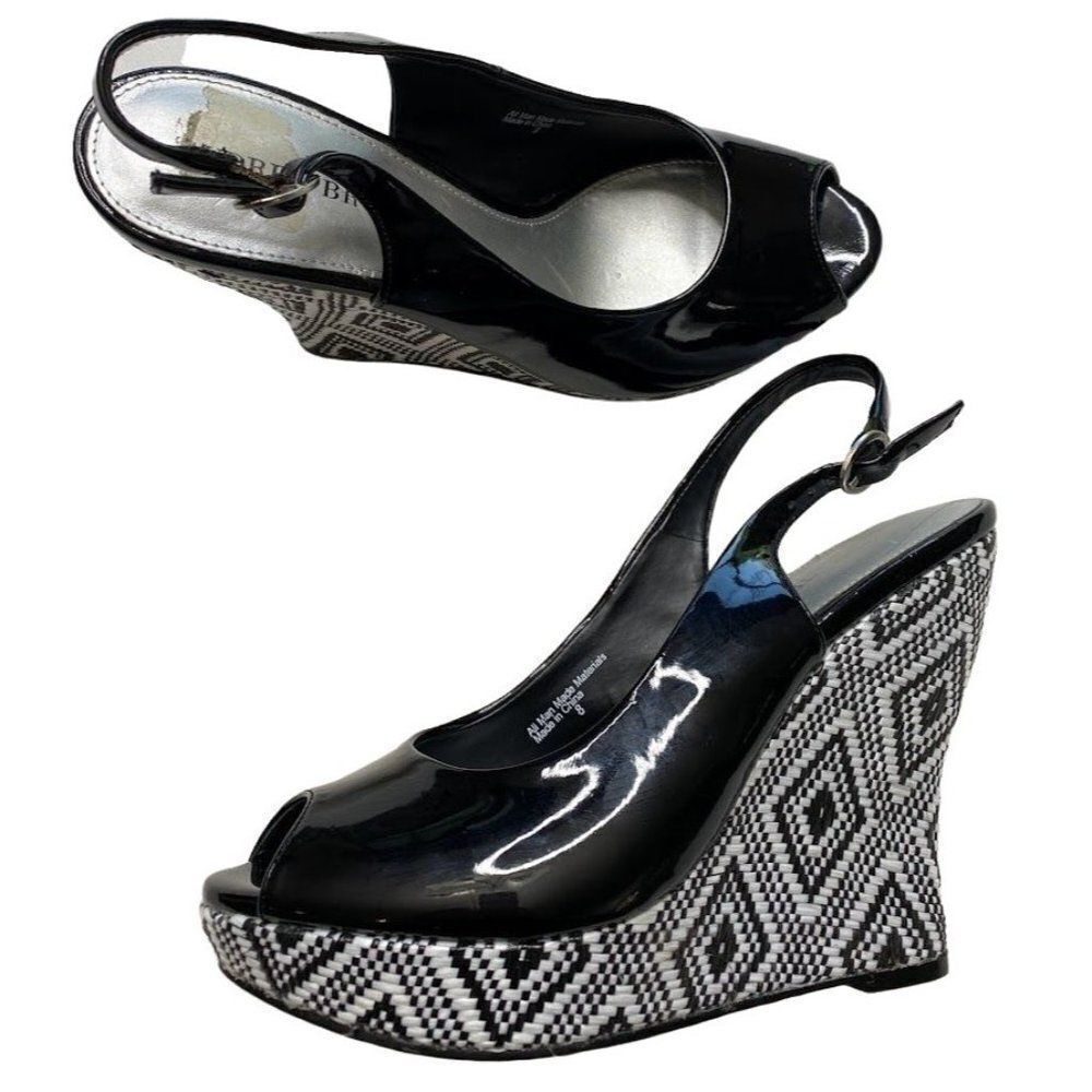 Audrey Brooke Peep Toe‎ Black White Patent Leather Wedge Slingback Shoe Sz 8